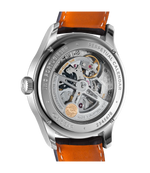 Load image into Gallery viewer, Dettaglio quadrante argentato con indicazioni di data, giorno, mese, anno bisestile e fasi lunari.