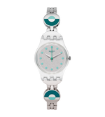 Load image into Gallery viewer, Swatch Blue pastel LK377G - cassa trasparente - quadrante argento e bracciale acciaio