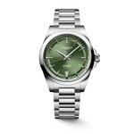 Load image into Gallery viewer, Il Longines Conquest L3.720.4.02.6 è un orologio automatico da 38 mm con cassa e bracciale in acciaio inossidabile, caratterizzato da un elegante quadrante verde sunray con indici applicati e lancette argentate luminescenti Swiss Super-LumiNova® per una leggibilità ottimale in ogni condizione di luce. Dotato di movimento automatico calibro L888, con bilanciere-spirale in silicio monocristallino, offre funzioni di ore, minuti, secondi e datario, con una riserva di carica di circa 72 ore. Il vetro z