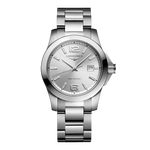 Load image into Gallery viewer, Quadrante argento soleil con indici applicati, lancette dorate e datario a ore 6 dell'orologio Longines Conquest 6