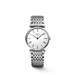 Load image into Gallery viewer, Quadrante argento soleil con indici applicati, lancette dorate e datario a ore 6 dell'orologio Longines Conquest 6