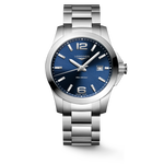 Load image into Gallery viewer, Quadrante nero con indici e numeri arabi luminosi, datario a finestrella a ore 3 e lancette luminescenti del Longines Conquest 8