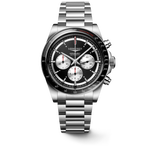 Load image into Gallery viewer, Quadrante nero con contatori cronografici argento a contrasto, indici applicati e lancette argentate lucide con rivestimento Swiss Super-LumiNova® del Longines Conquest Chronograph