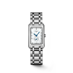 Load image into Gallery viewer, Il Longines Dolcevita L5.255.4.87.6 è un orologio al quarzo da donna dalla raffinata eleganza, caratterizzato da una cassa rettangolare in acciaio inossidabile da 20,80 x 32,00 mm con quadrante in madreperla bianca impreziosito da 13 diamanti Top Wesselton VS-SI incastonati per un totale di 0,059 carati. Le lancette azzurrate completano l’aspetto sofisticato del quadrante. Questo modello monta un movimento Swiss Made calibro L178 con funzione End of Life (E.O.L.) e una batteria RENATA 379. Imperme