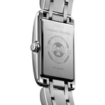 Load image into Gallery viewer, Il Longines Dolcevita L5.255.4.87.6 è un orologio al quarzo da donna dalla raffinata eleganza, caratterizzato da una cassa rettangolare in acciaio inossidabile da 20,80 x 32,00 mm con quadrante in madreperla bianca impreziosito da 13 diamanti Top Wesselton VS-SI incastonati per un totale di 0,059 carati. Le lancette azzurrate completano l’aspetto sofisticato del quadrante. Questo modello monta un movimento Swiss Made calibro L178 con funzione End of Life (E.O.L.) e una batteria RENATA 379. Imperme