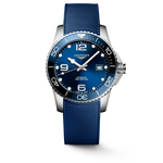 Load image into Gallery viewer, Il Longines HydroConquest L3.781.4.96.9 è un orologio automatico sportivo, progettato per chi cerca affidabilità e performance nelle attività acquatiche. Presenta una cassa in acciaio inossidabile da 41 mm con lunetta in ceramica e quadrante blu a raggi di sole, impreziosito da numeri arabi e indici applicati con luminescenza Swiss Super-LumiNova®. Il cinturino in caucciù blu assicura comfort e robustezza, completato da una chiusura déployante a doppia sicurezza. Il movimento automatico calibro L888 garanti