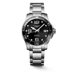 Load image into Gallery viewer, Quadrante nero a raggi di sole con numeri arabi e indici applicati, lancette dorate e Swiss Super-LumiNova® dell'orologio Longines HydroConquest