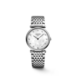 Load image into Gallery viewer, Il Longines La Grande Classique L4.512.4.87.6 è un orologio al quarzo da donna elegante e sottile con cassa in acciaio inossidabile da 29 mm e quadrante in madreperla bianca impreziosito da 12 diamanti Top Wesselton VS-SI, per un totale di 0,081 carati. Le lancette nere conferiscono un contrasto raffinato e garantiscono ottima leggibilità. Il movimento Swiss Made calibro L420 alimenta le funzioni di ore e minuti. Il vetro zaffiro antigraffio e il bracciale in acciaio con chiusura déployante a tripla sicurez