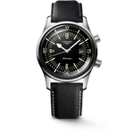 Load image into Gallery viewer, Il Longines Legend Diver L3.774.4.50.0 è un orologio automatico dal design iconico, ispirato agli strumenti subacquei classici. La cassa in acciaio inossidabile da 42 mm ospita un quadrante nero laccato lucido con numeri arabi e indici dipinti, impreziosito da lancette argentate luminescenti Swiss Super-LumiNova®, che garantiscono una leggibilità ottimale anche in condizioni di scarsa illuminazione. Dotato di lunetta interna girevole protetta da manipolazioni accidentali e corona a vite, questo se