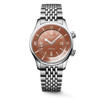 Load image into Gallery viewer, Il Longines Legend Diver L3.764.4.96.6 è un orologio automatico da 39 mm con cassa e bracciale in acciaio inossidabile, caratterizzato da un elegante quadrante terracotta con numeri arabi e indici dipinti, e lancette argentate luminescenti Swiss Super-LumiNova®. Equipaggiato con il calibro automatico L888 con bilanciere-spirale in silicio monocristallino, offre una riserva di carica di circa 72 ore. La lunetta interna girevole da sub e la corona a vite garantiscono un’impermeabilità fino a 300 metri. Il vet