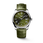Load image into Gallery viewer, Quadrante verde con numeri romani applicati e lancette argentate lucide dell'orologio Longines Master Collection automatico