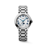 Load image into Gallery viewer, Primo piano del Longines Primaluna Moonphase L81264716 con cassa in acciaio da 34 mm, quadrante argentato con indicazione delle fasi lunari e datario a ore 6.
