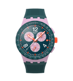 Load image into Gallery viewer, Quadrante verde scuro testurizzato con numeri bianchi e lancette arancioni del cronografo Swatch Moment of Rose SUSP400.