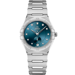 Load image into Gallery viewer, Quadrante argentato con indici in diamanti progressivi incastonati su supporti in oro bianco 18K e contatore piccoli secondi a ore 6 dell’Omega Constellation 34 mm