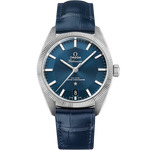 Load image into Gallery viewer, Quadrante blu sun-brushed a effetto torta pie con indici applicati e lancette in acciaio lucido luminescenti dell’Omega Constellation Globemaster 39 mm
