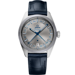 Load image into Gallery viewer, Quadrante grigio spazzolato a raggi di sole con motivo Pie Pan, cifre dei mesi annuali su ciascuna sfaccettatura e indici in oro Sedna™ 18K dell’Omega Constellation Globemaster Annual Calendar