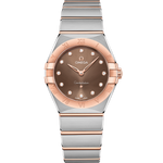 Load image into Gallery viewer, Quadrante azzurro sunburst con indici a bastone rodiati e datario a ore 6 dell’Omega Constellation Quartz 28 mm