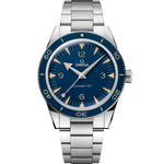 Load image into Gallery viewer, Quadrante blu sunburst dell’Omega Seamaster 300 41 mm con indici rodiati, numeri arabi con Super-LumiNova vintage e datario a ore 3