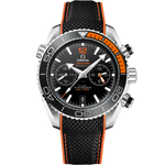 Load image into Gallery viewer, Quadrante nero con indici a bastone luminescenti e subdiali cronografici dell’Omega Seamaster Planet Ocean 600M 45,5 mm