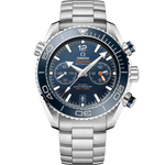 Load image into Gallery viewer, Quadrante blu sunburst con indici a bastone luminescenti e datario a ore 6 dell’Omega Seamaster Planet Ocean 600M 45,5 mm