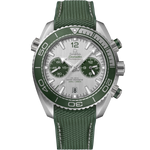 Load image into Gallery viewer, Quadrante grigio spazzolato con subdiali in ceramica verde dell’Omega Seamaster Planet Ocean 600M 45,5 mm, indici e lancette PVD acciaio con Super-LumiNova bianca, datario a ore 6