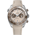 Load image into Gallery viewer, Quadrante beige sabbiato dell’Omega Seamaster Planet Ocean 600M 45,5 mm con subdiali in ceramica bronzo, numeri arabi e indici PVD grigio, datario a ore 6 e lancette con Super-LumiNova