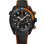 Load image into Gallery viewer, Quadrante nero opaco in ceramica dell’Omega Seamaster Planet Ocean Deep Black 45,5 mm con indici e lancette in ceramica nera e dettagli arancioni luminescenti