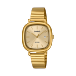 Load image into Gallery viewer, Orologio Casio LTP-B166G-9AV con cassa rettangolare dorata in acciaio inox e quadrante analogico a tre sfere con datario.