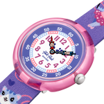 Load image into Gallery viewer, Dettaglio del cinturino in tessuto viola con disegni a tema ballerina