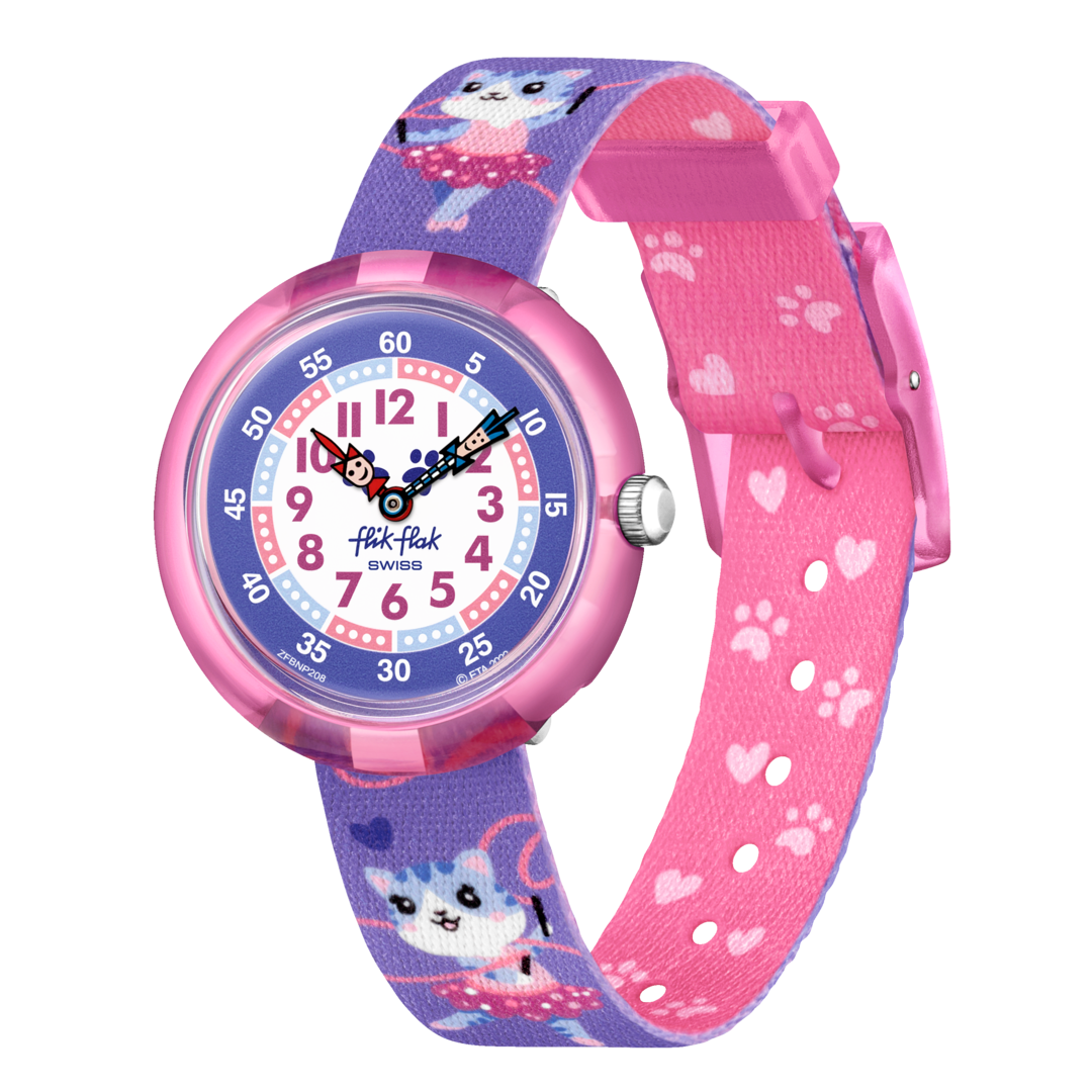 Orologio Flik Flak Ballerichat FBNP208 con cassa rosa e cinturino viola con motivi ballerina e gatto.