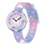 Load image into Gallery viewer, Orologio Flik Flak Cuddly Unicorn FBNP213 con cassa azzurra/blu e cinturino tessile multicolore.