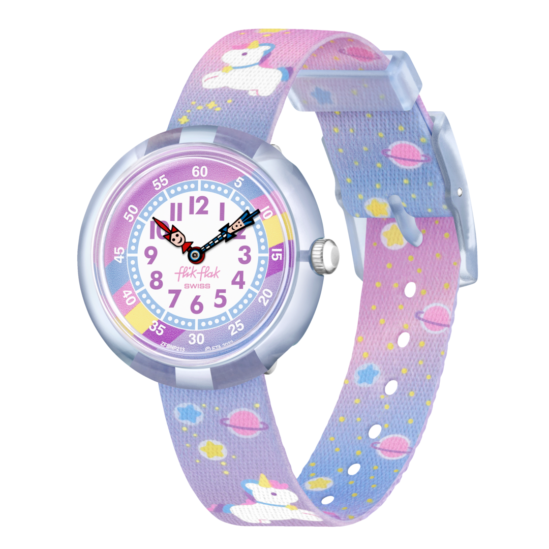 Orologio Flik Flak Cuddly Unicorn FBNP213 con cassa azzurra/blu e cinturino tessile multicolore.