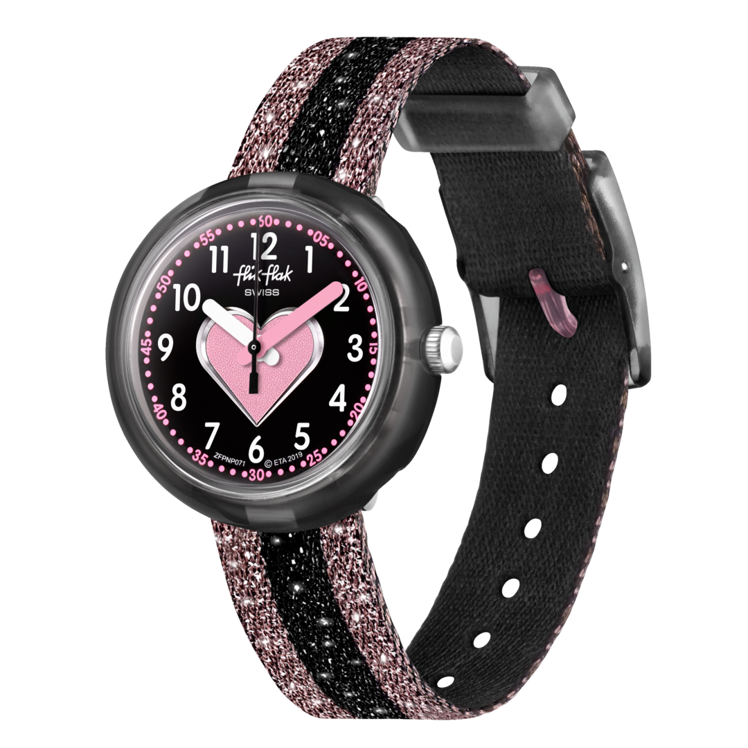 Orologio Flik Flak Cuoricino FPNP071 con cinturino rosa/nero glitterato e quadrante nero.