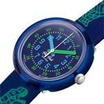 Load image into Gallery viewer, Dettaglio del cinturino tessile fantasia blu con disegni tecnologici e dinosauri.