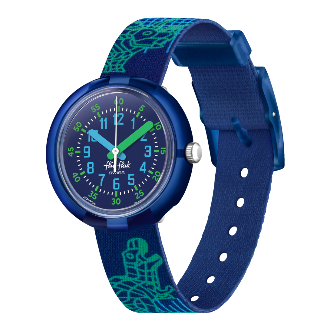 Orologio Flik Flak Cyberozaurus FPNP135 con cassa trasparente blu e cinturino fantasia