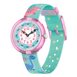 Load image into Gallery viewer, Orologio Flik Flak Dino Party FBNP212 con quadrante multicolore e dinosauri sorridenti.