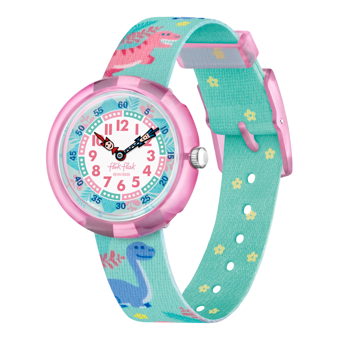 Orologio Flik Flak Dino Party FBNP212 con quadrante multicolore e dinosauri sorridenti.