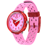 Load image into Gallery viewer, Orologio Flik Flak Fizz in Pink FCNP004 con cassa rosa e quadrante rosa con cuore rosso.