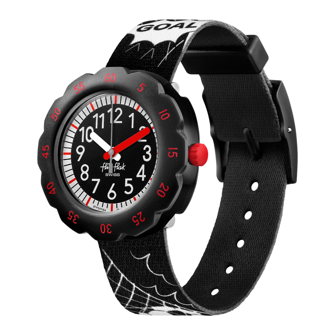 Orologio Flik Flak Goal FPSP064 con quadrante nero, dettagli bianchi e pallone da calci