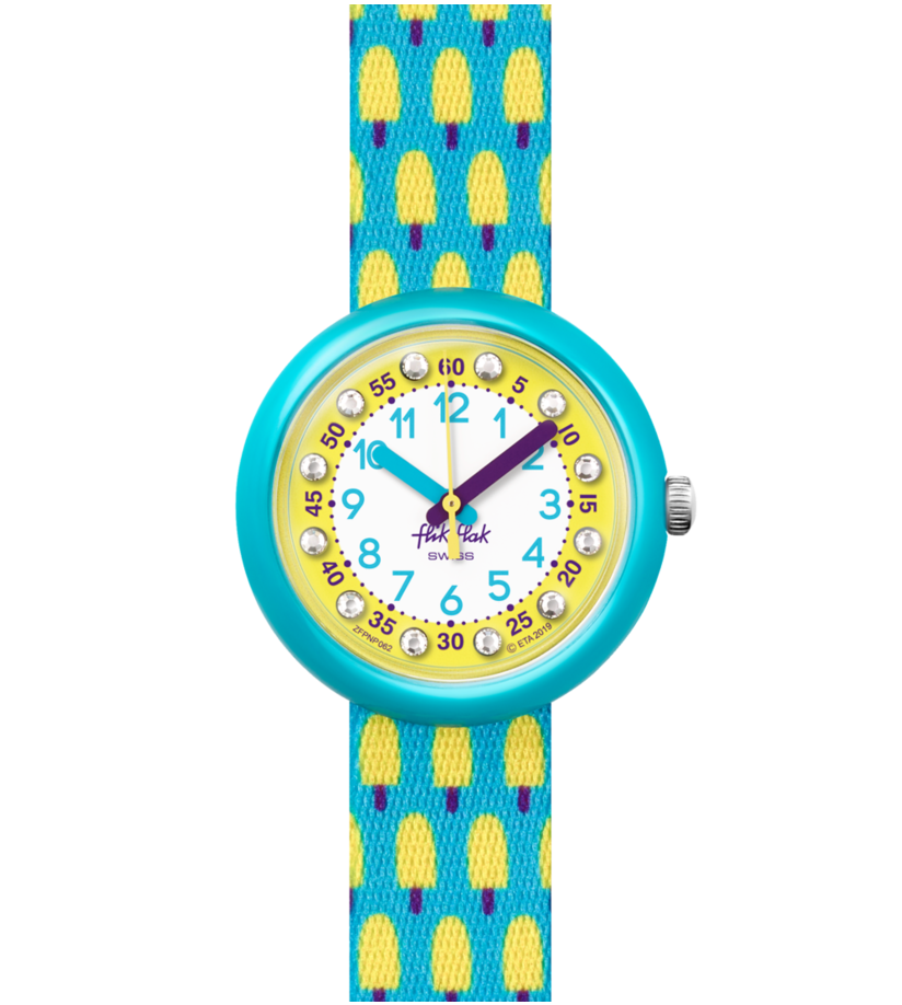 Orologio Flik Flak Lemon Freeze FPNP062 con quadrante giallo e cristalli Swarovski.