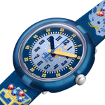 Load image into Gallery viewer, Dettaglio del quadrante blu con motivi di castelli e draghi del Flik Flak Lover of Dragons.