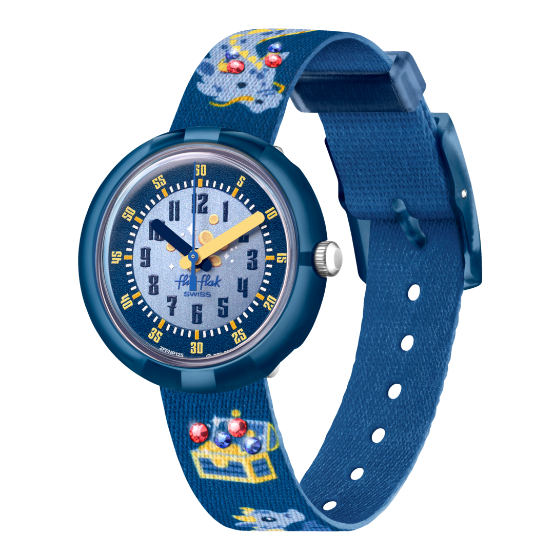 Orologio Flik Flak Lover of Dragons FPNP125 con cinturino blu notte e decorazioni di draghi.