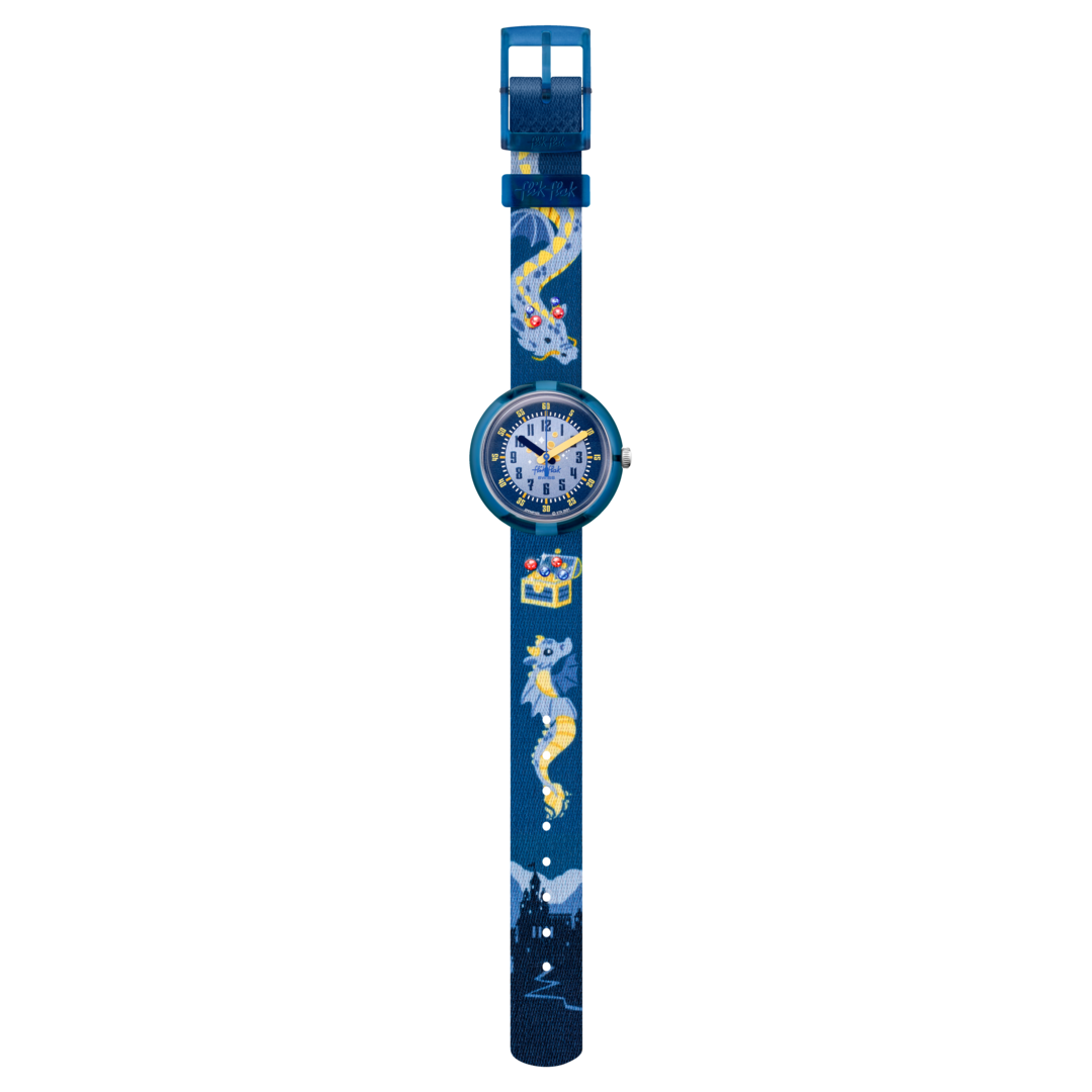 Vista laterale della cassa in plastica e fibbia del cinturino Flik Flak FPNP125.