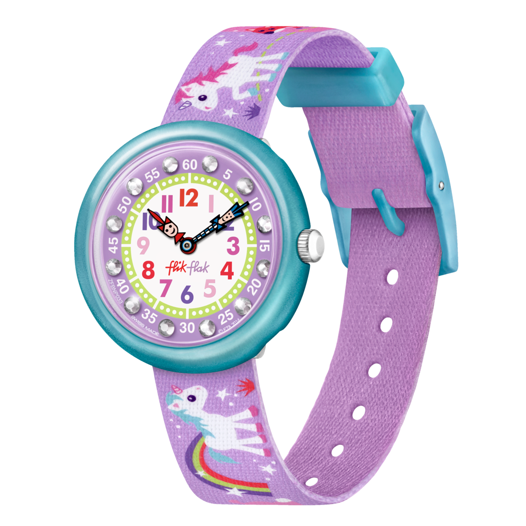 Orologio Flik Flak Magical Unicorns FBNP033 con quadrante lilla e unicorni colorati.