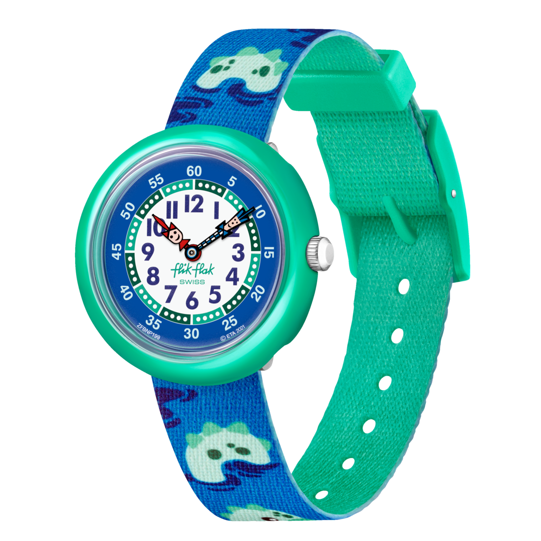 Orologio Flik Flak Nessie Ncredible FBNP199 con cassa verde e quadrante blu.