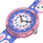 Load image into Gallery viewer, Dettaglio del cinturino tessile PET riciclato azzurro/blu con chiusura a fibbia rosa.