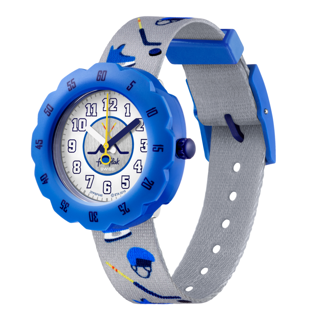 Orologio Flik Flak Puck It FPSP046 con ghiera blu girevole e quadrante grigio stampato