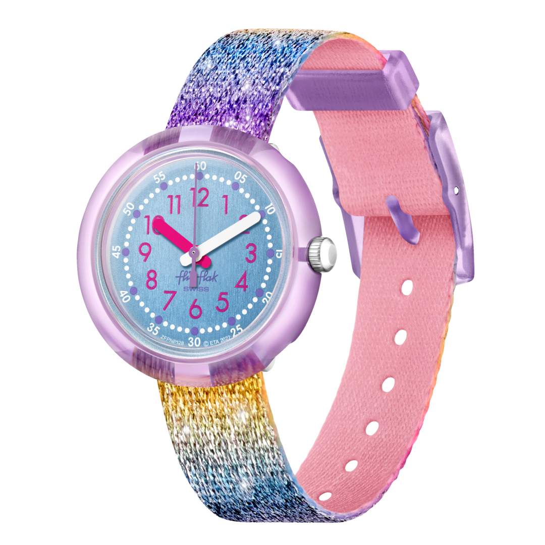 Orologio Flik Flak Shine in Rainbow FPNP128 con quadrante blu e cassa viola trasparente.