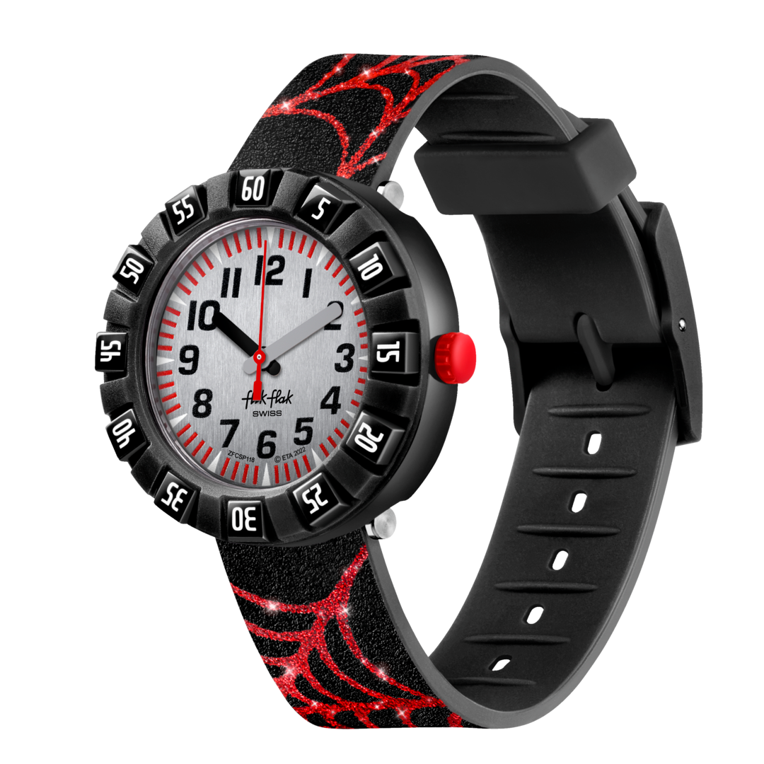 Orologio Flik Flak Webaxus FCSP118 con cassa nera e motivo ragnatela rossa
