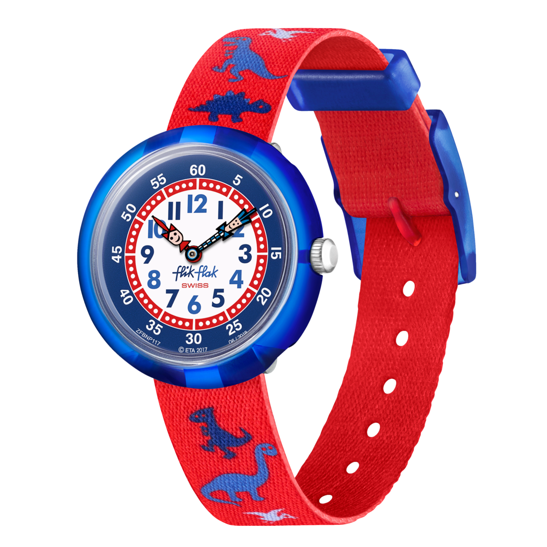 Orologio Flik Flak YOUR DINOSAURITOS FBNP117P con quadrante bianco e blu con dinosauri.
